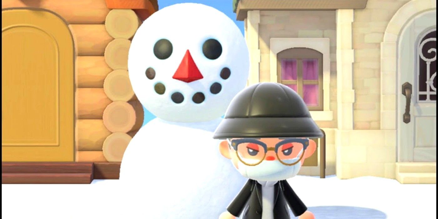 A player stands in front of a perfect Snowboy near his home in Animal Crossing: New Horizons