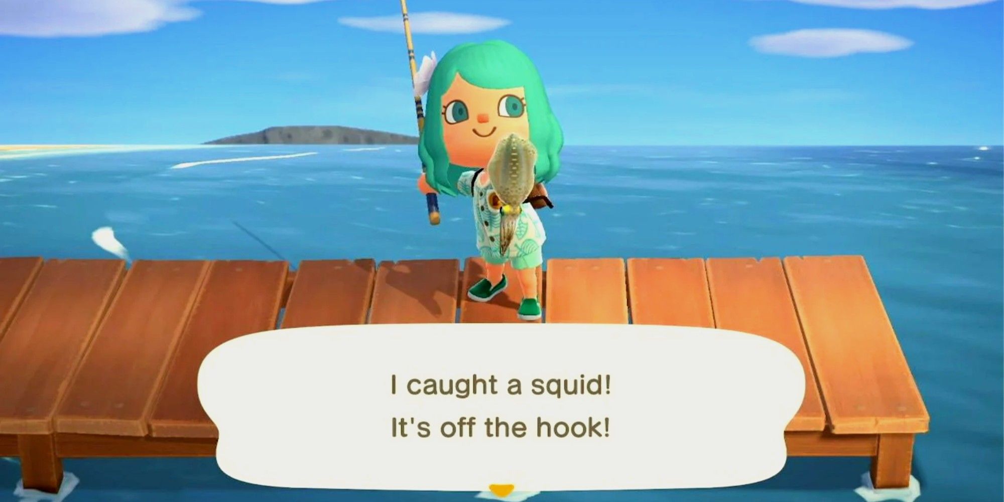 A player holds up a squid she caught in Animal Crossing: New Horizons