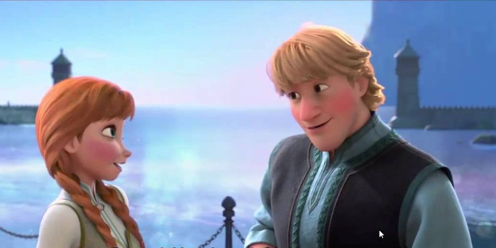 Anna and Kristoff stand and talk in Frozen
