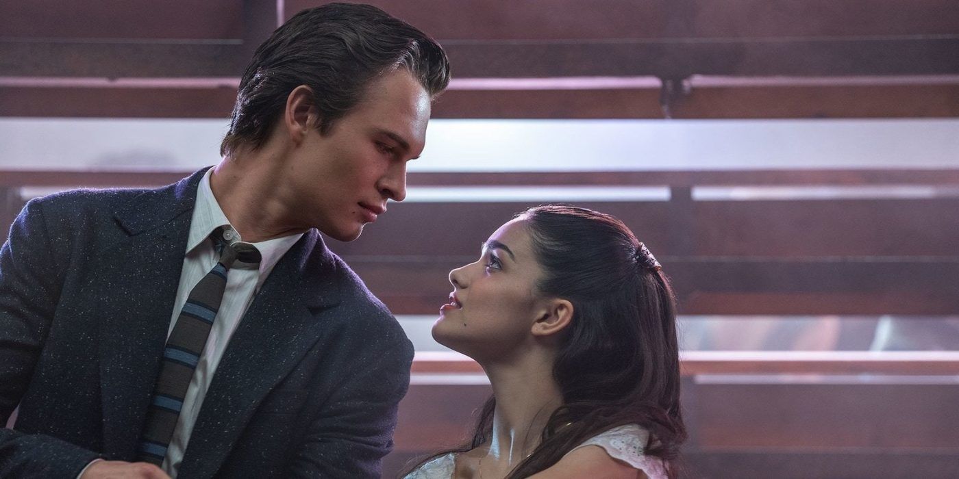 Ansel Elgort and Rachel Zegler under the bleachers in West Side Story 2020 movie