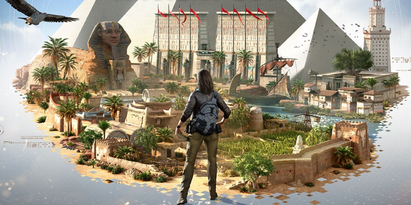 Assassins Creed Discovery Tour promo image, character that looks like Layla stands with back to audience staring out onto an environment that has recognizable landmarks from AC origins compiled including the sphinx and pyramids