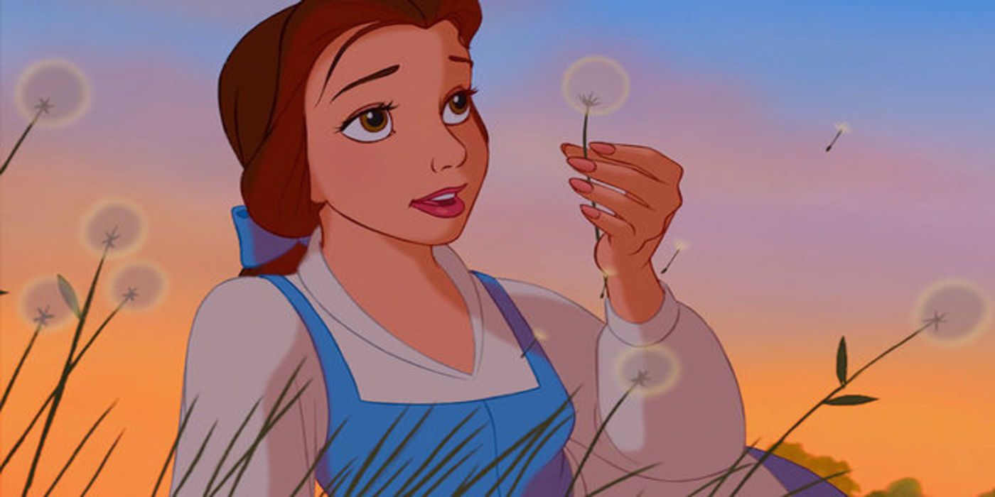 Belle holding a flower and singing in Beauty and the Beast