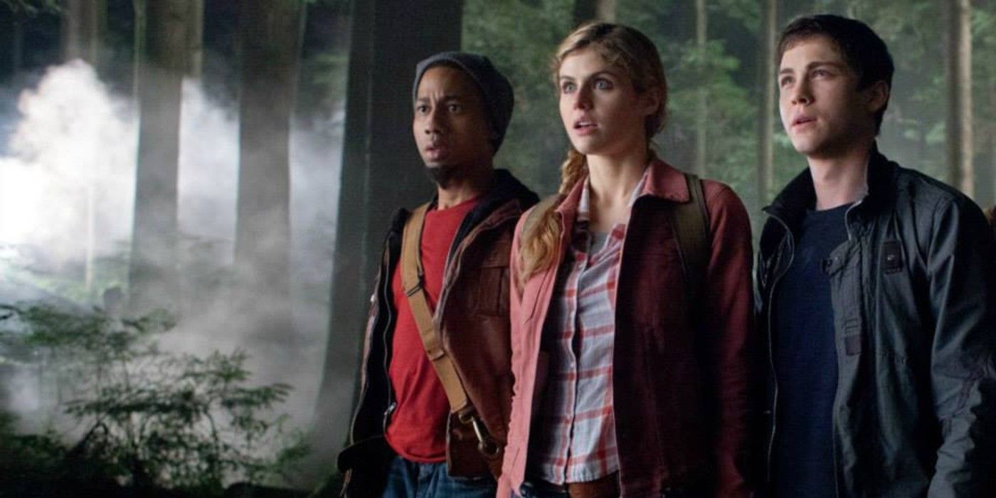 Grover, Annabeth, and Percy Jackson in the middle of the forest in the Percy Jackson movie