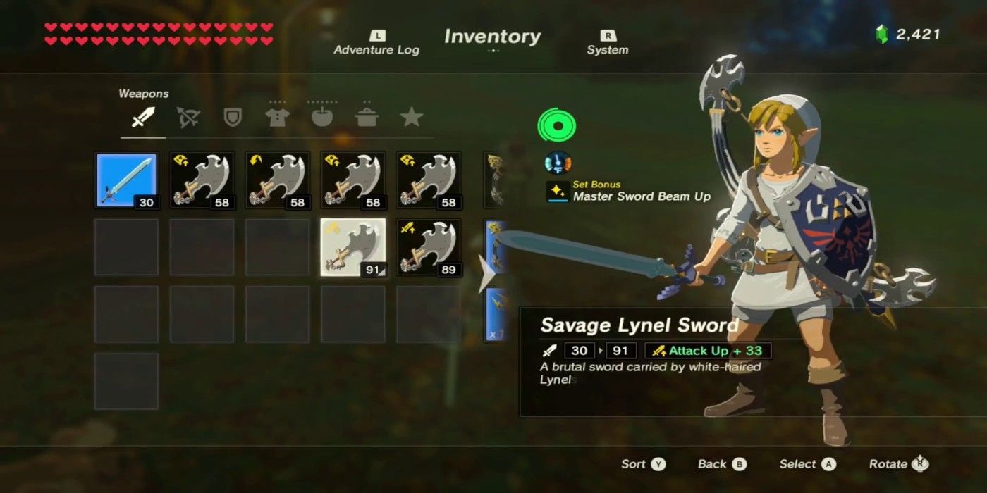 The weapons menu in Zelda Breath of the Wild. 