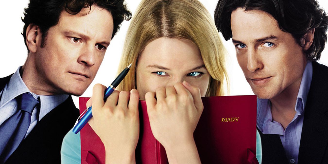 Bridget Jones covering half her face with her diary, with Mark and Daniel beside her