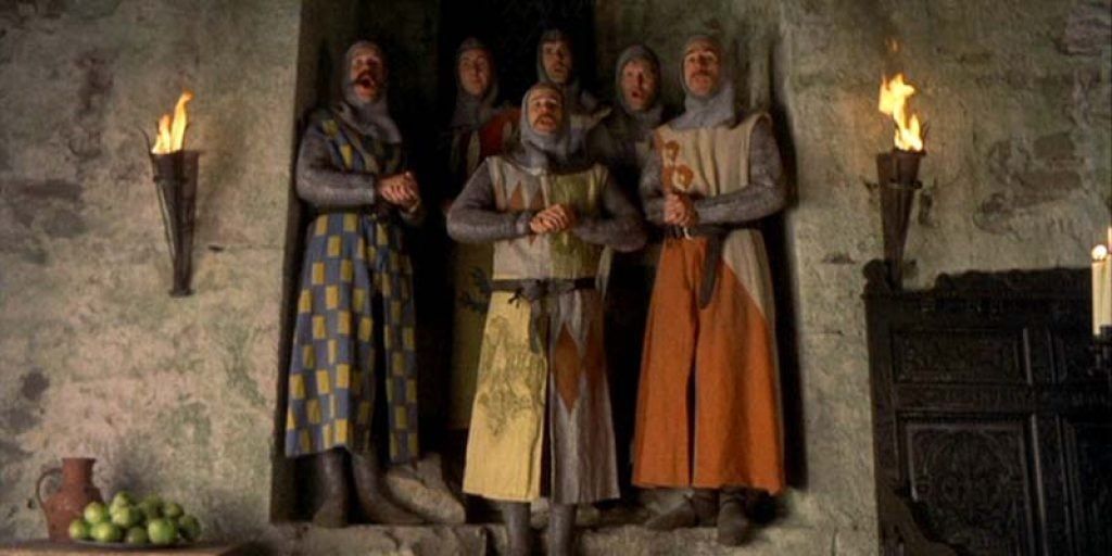 A group of Knights singing the Camelot song in Monty Python and the Holy Grail
