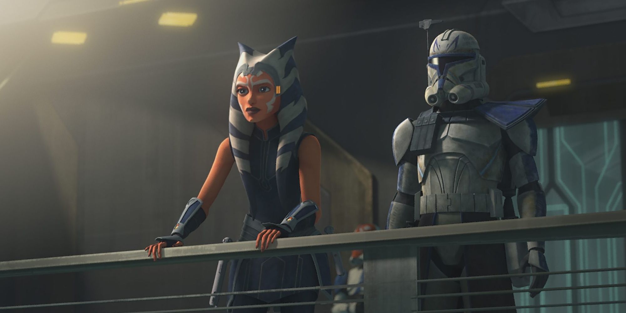 Rex and Ahsoka look out on the clones who are ready to kill them due to Order 66 in The Clone Wars