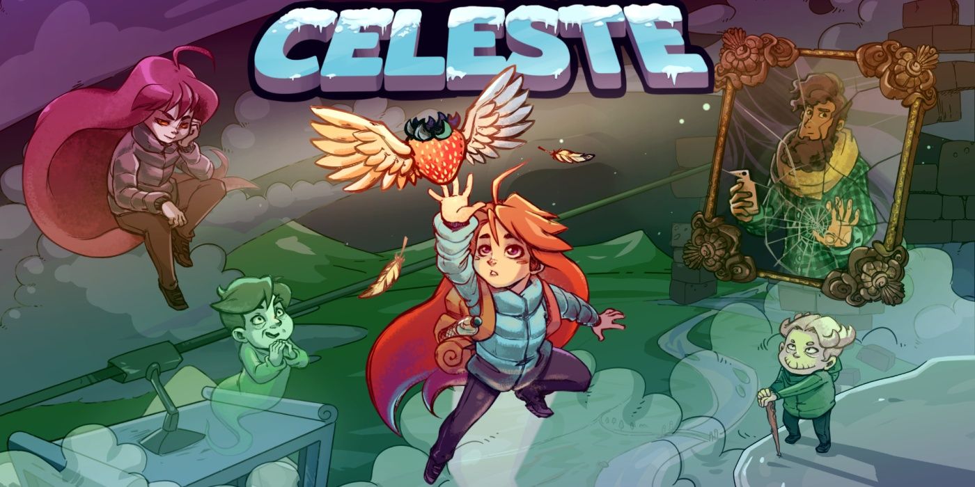 Celeste art featuring Madeline grasping for one of the game's strawberries with the supporting cast in tow.