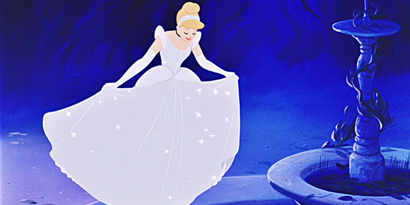 Cinderella admires her ballgown in Cinderella