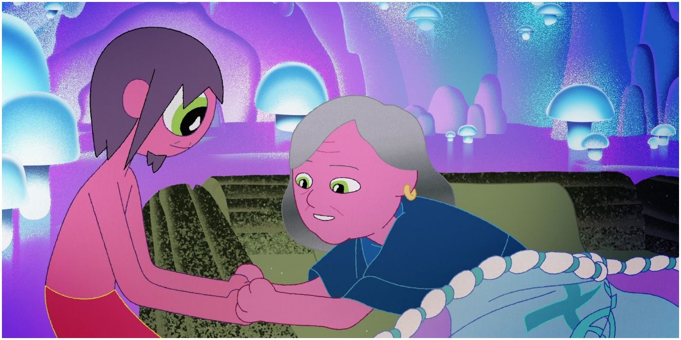 Clancy Gilroy (Duncan Trussell) and Clancy/Duncan&rsquo;s mother (Deneen Fendig) holding hands in The Might Gospel