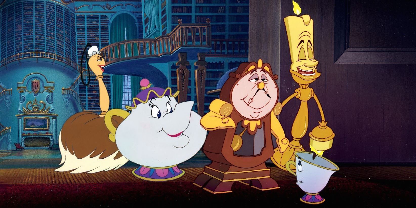 Cogsworth, Mrs. Potts, Lumiere, and Chip smiling together in Belle's Magical World