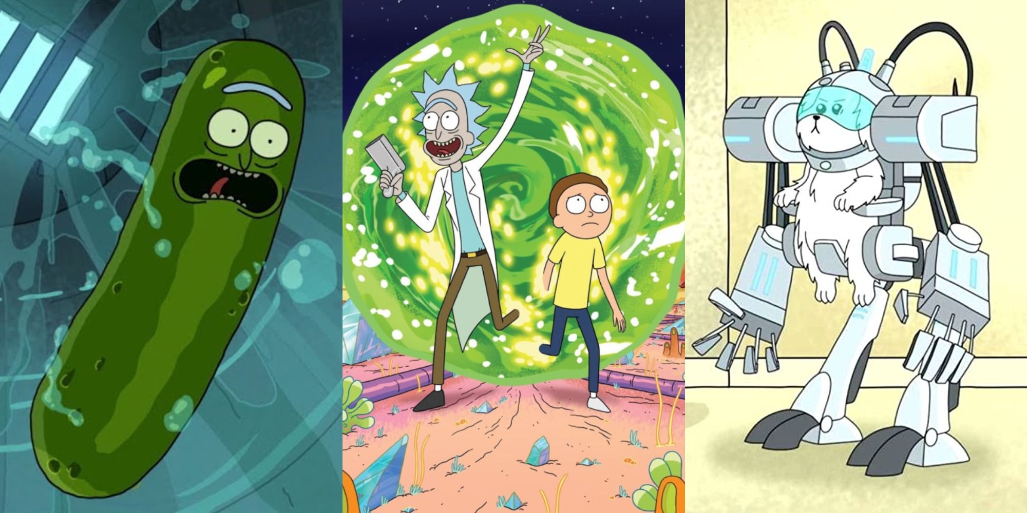 Collage of Pickle Rick, Rick and Morty emerging from a portal and Snuffles in his robot suit