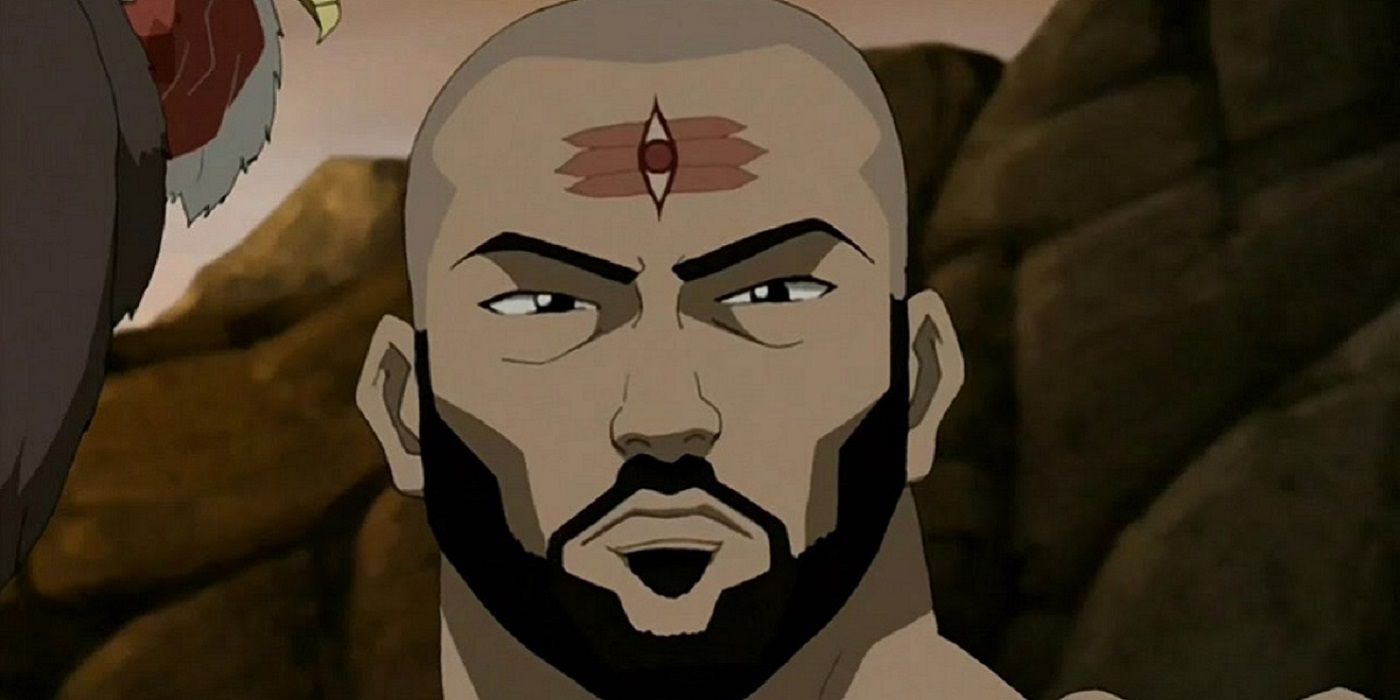 A close-up of Combustion Man looking serious in Avatar
