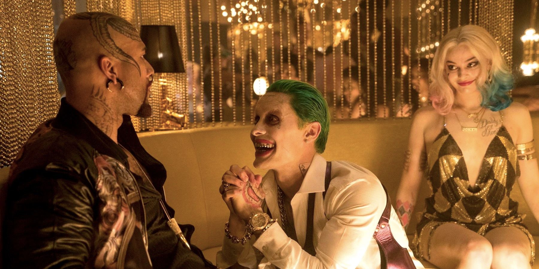 Common as Monster T, Jared Leto as Joker and Margot Robbie as Harley Quinn in Suicide Squad