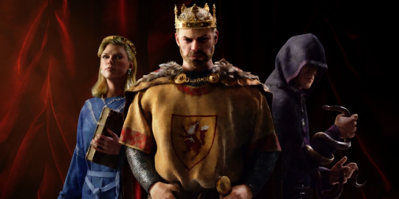 Uma rainha, um rei e uma figura encapuzada no jogo Crusader Kings III.