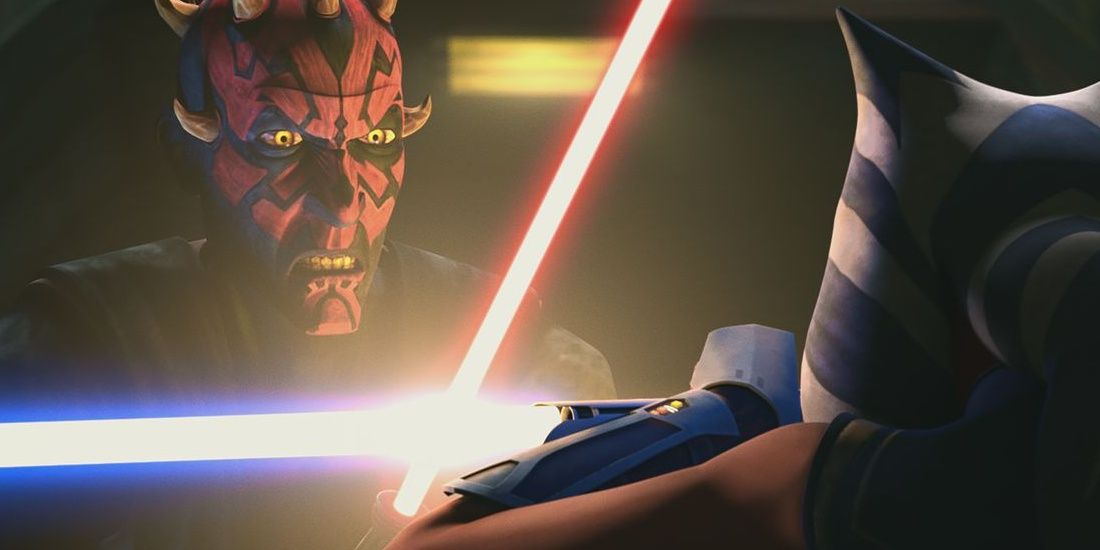 Darth Maul fighting Ahsoka in Star Wars The Clone Wars