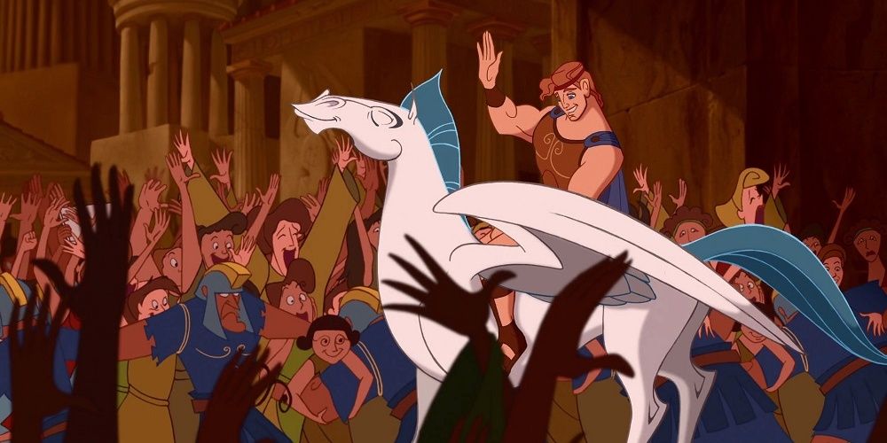Hercules and Pegasus ride through Thebes in Disney's Hercules