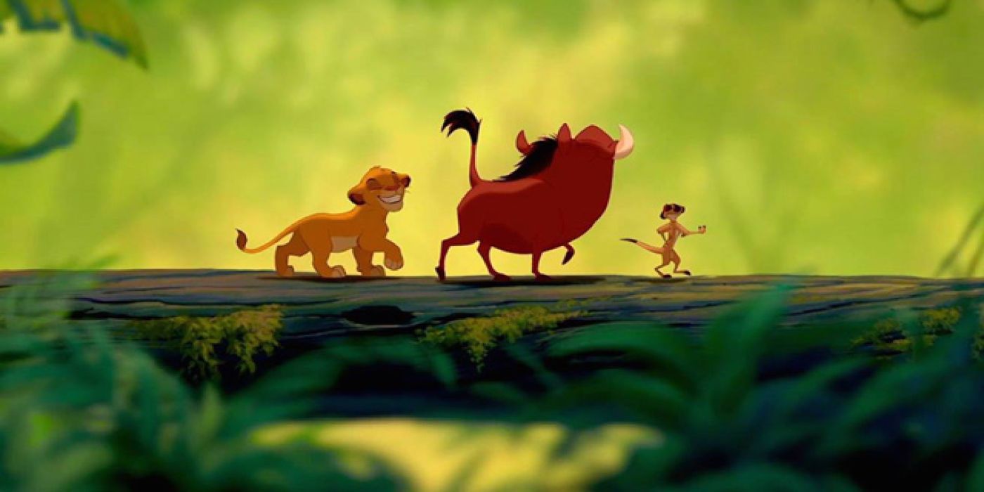 Simba, Timon, and Pumbaa singing Hakuna Matata in The Lion King