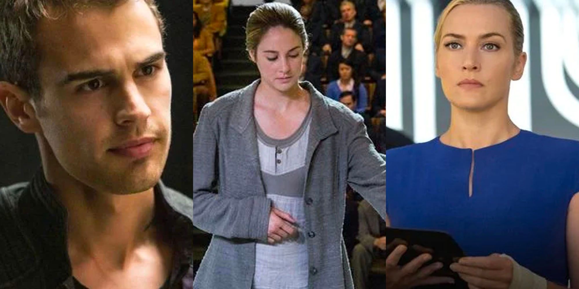 A coolage of Theo James, Shailene Woodley and Kate Winslet in the Divergent movies