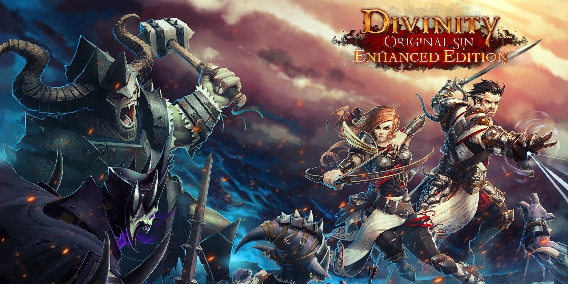 Arte principal de Divinity: Original Sin – Enhanced Edition, mostrando personagens do jogo e seu logotipo.