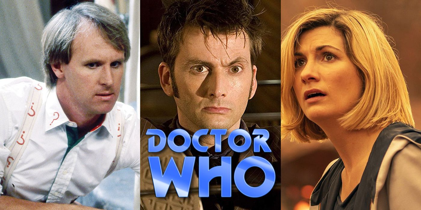 Split image of Peter Davison, David Tennant and Jodie Whittaker from Doctor Who