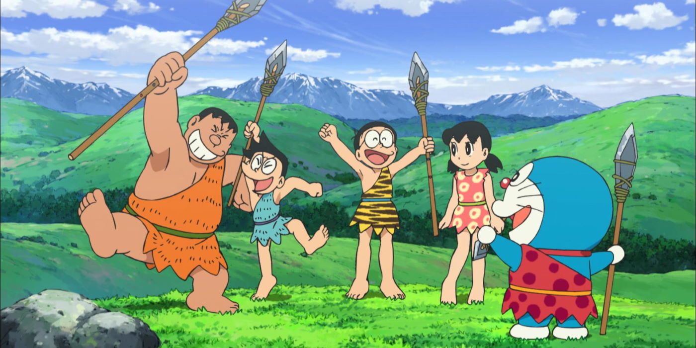 The cast of Doraemon laugh and celebrate together.