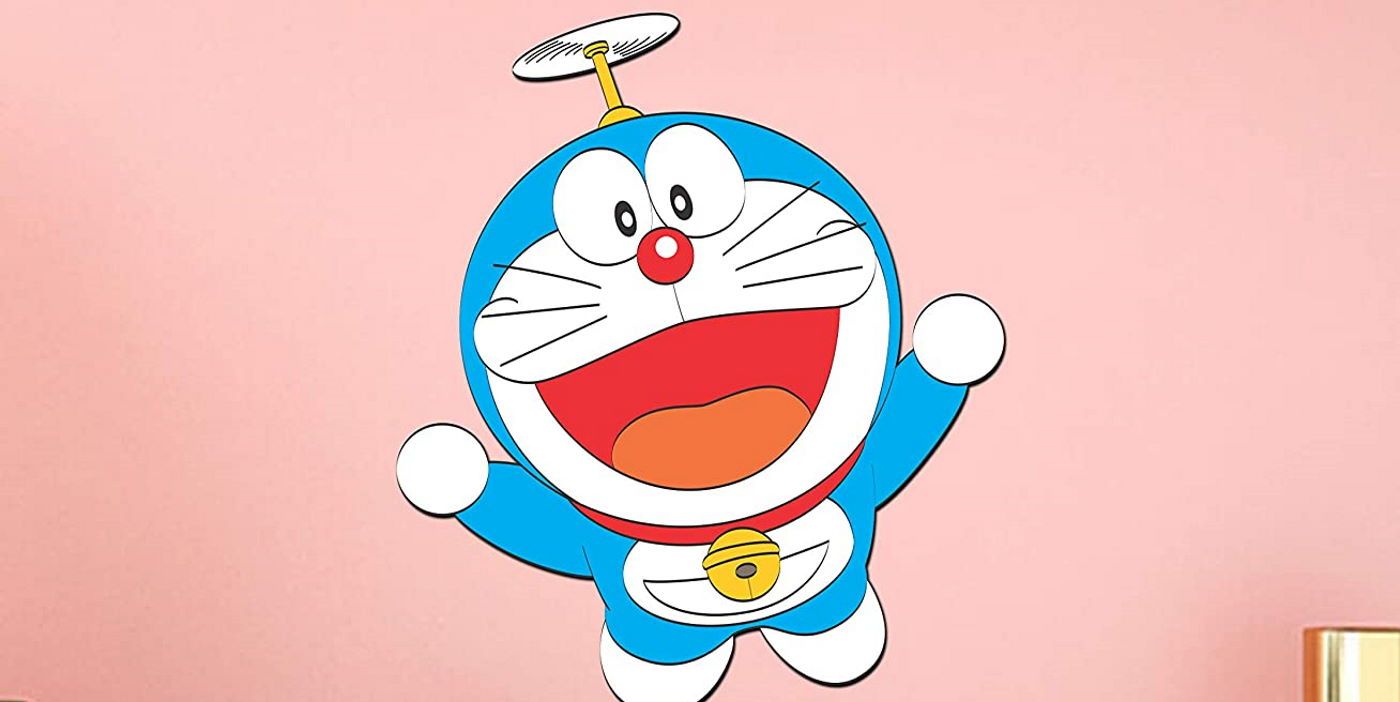 Doraemon flying against a peach-colored backdrop