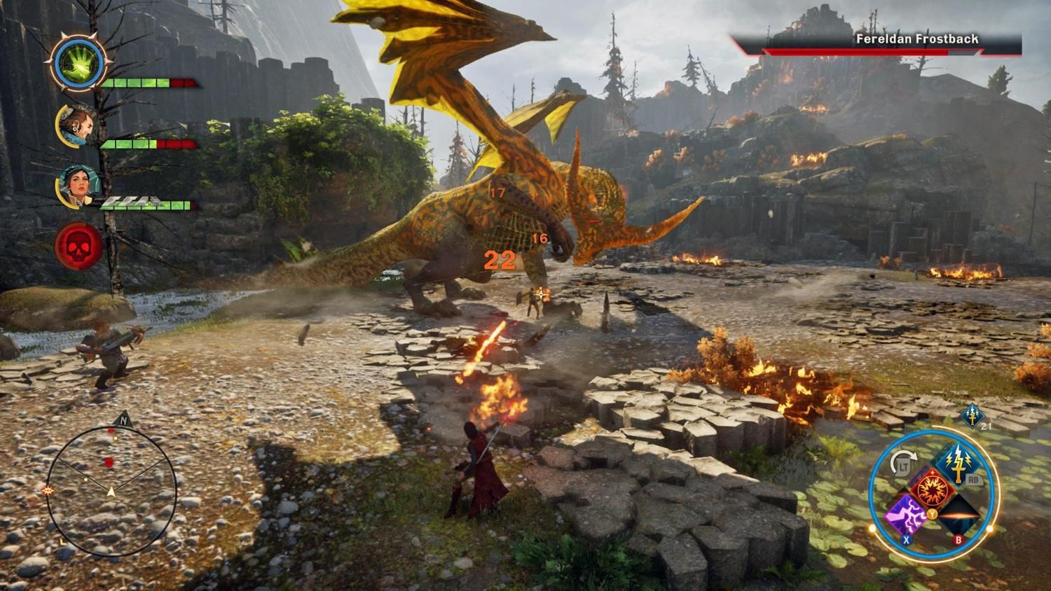 A player fights a Fereldan Frostback high dragon with their party in Dragon Age: Inquisition