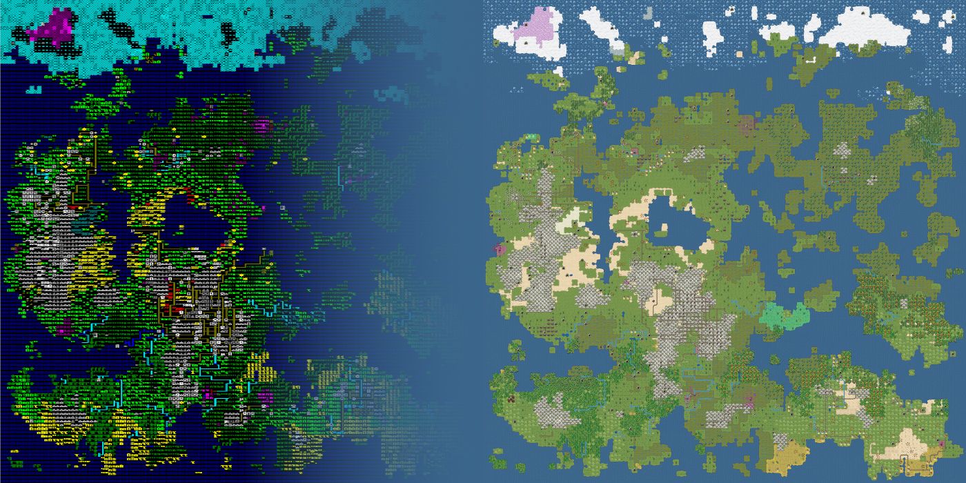 Two versions of the same map from the game "Dwarf Fortress". On the left, the map is shown in its original ASCII graphics, while the right has more lush and colorful graphics.