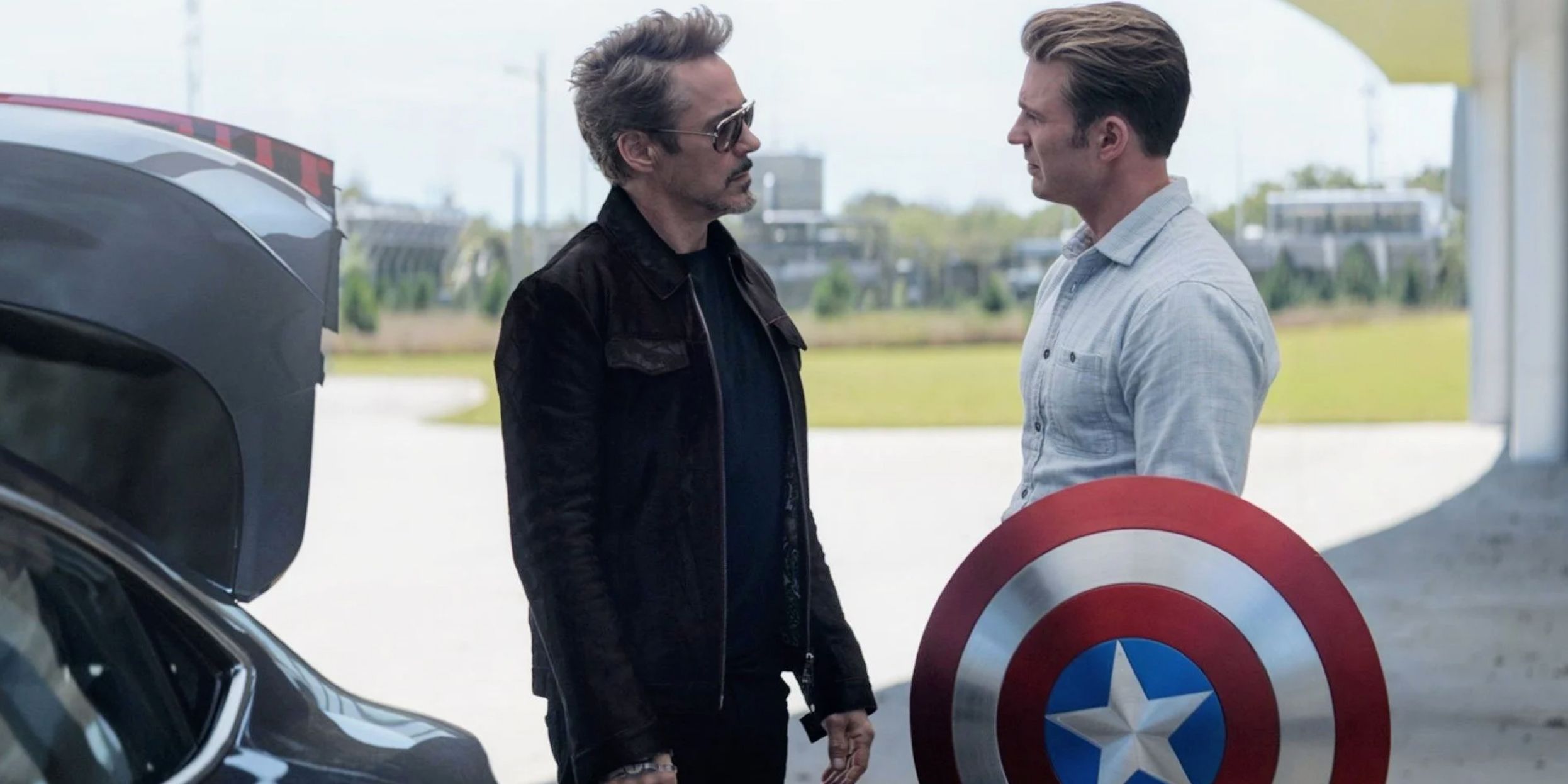 Tony Stark gives Captain America the shield in Avengers Endgame