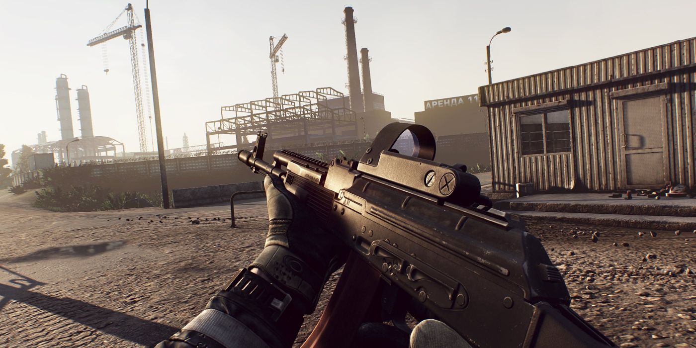 First-person view of a shooter in an empty factory in Escape From Tarkov