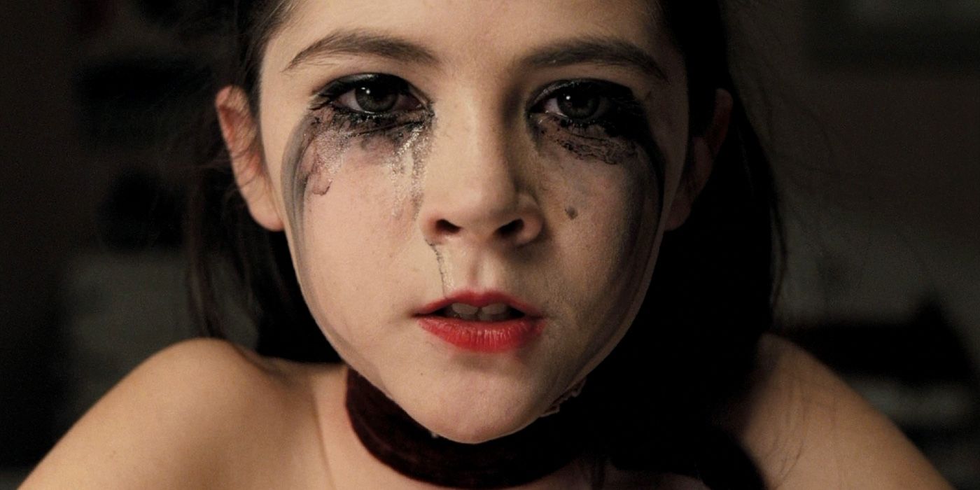 Isabelle Fuhrman with makeup running down her face in Orphan.