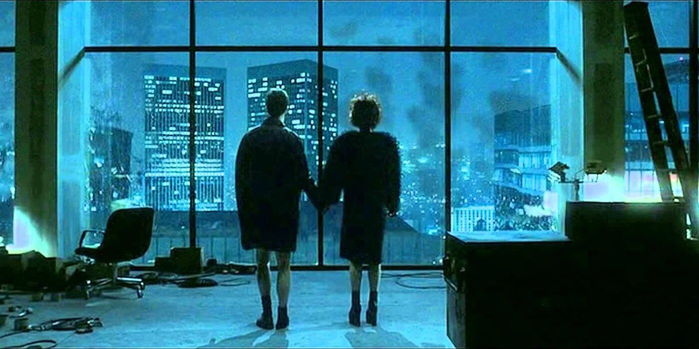 Skyscrapers are destroyed at the end of Fight Club.