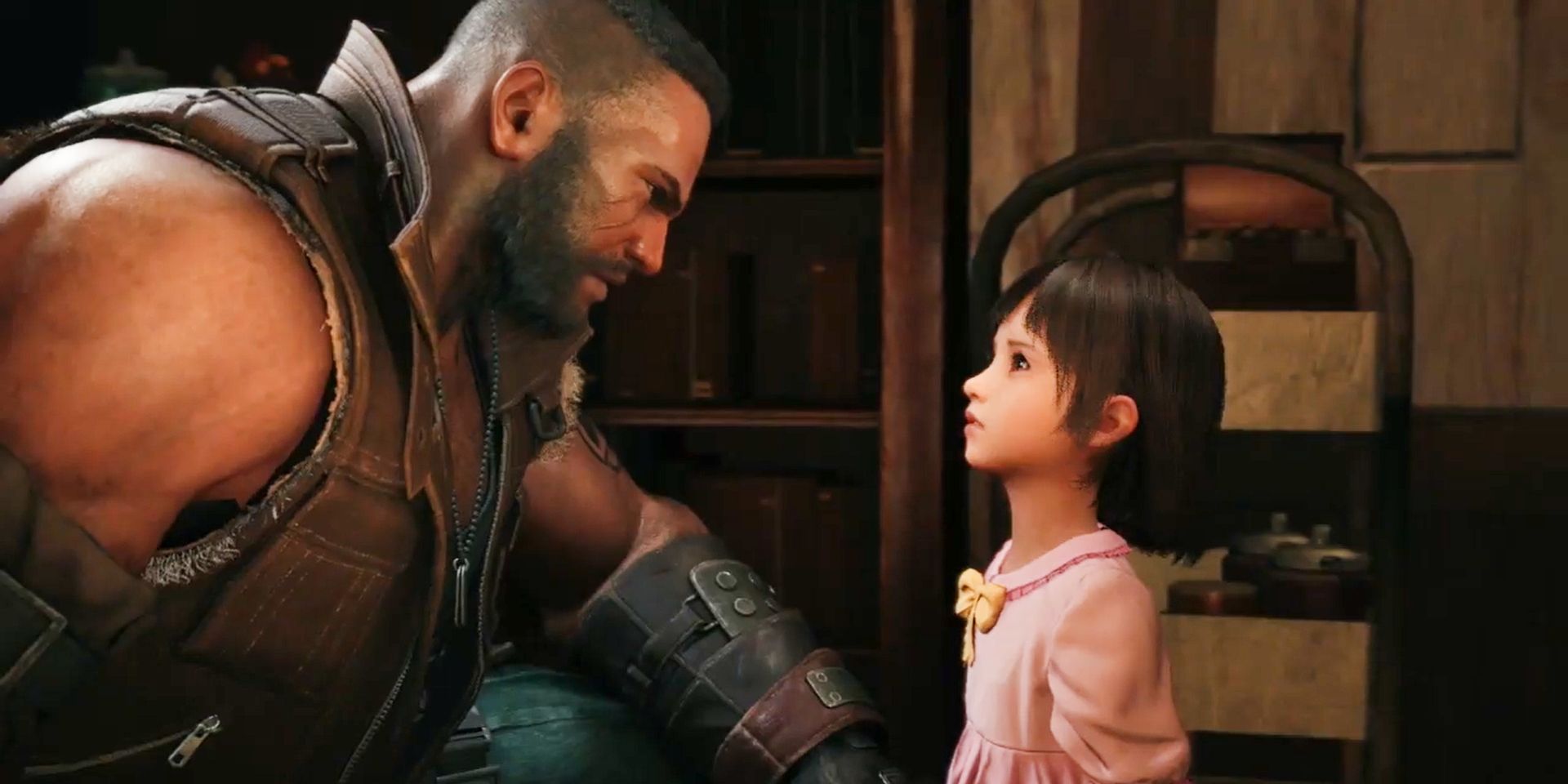 Barret leaning over to talk to Marlene in the Final Fantasy 7