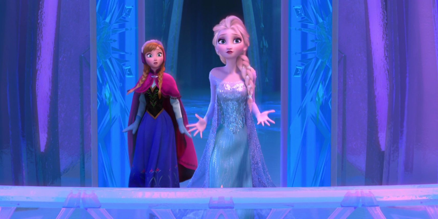 Elsa and Anna in the ice palace in Frozen.