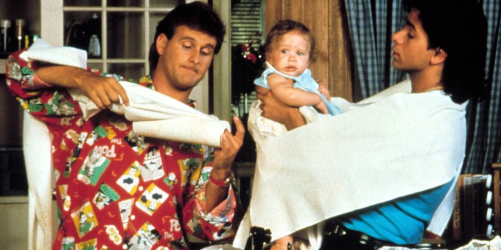 Full House characters Joey and Jesse with a baby Michelle