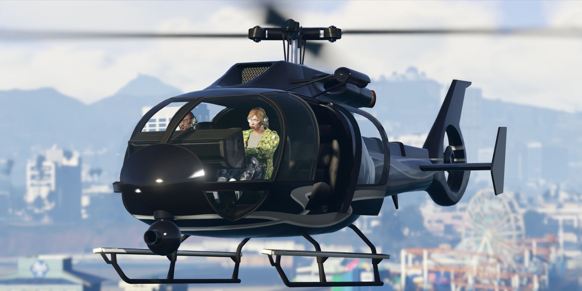 A helicopter being flown by a player in GTA Online.