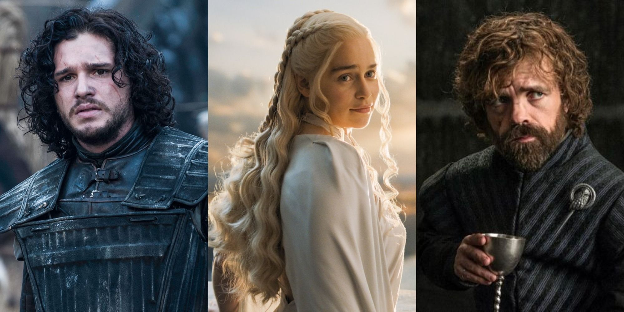 Split image of Jon Snow, Daenerys Targaryen and Tyrion Lannister