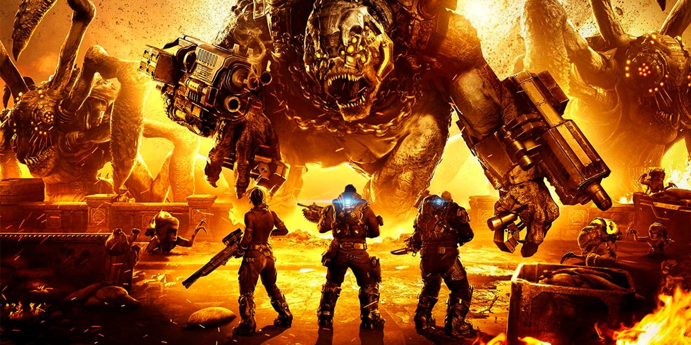 Key art for Gear Tactics showing a group of player characters confronting a giant monster armed with multiple guns