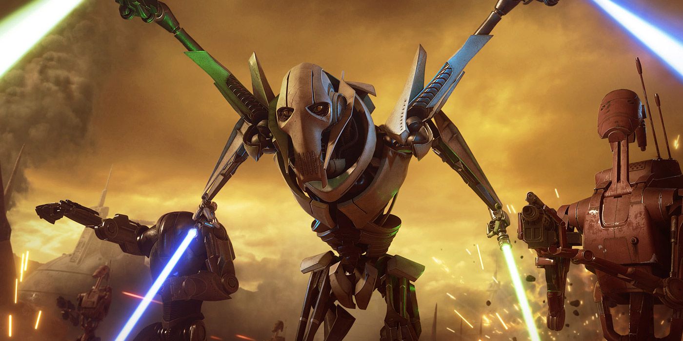 General Grievous in battle pose with 4 lightsabers in Star Wars