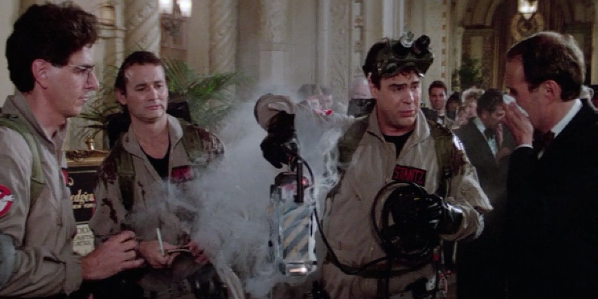 the team show the hotel manager the ghost in a trap in ghostbusters.