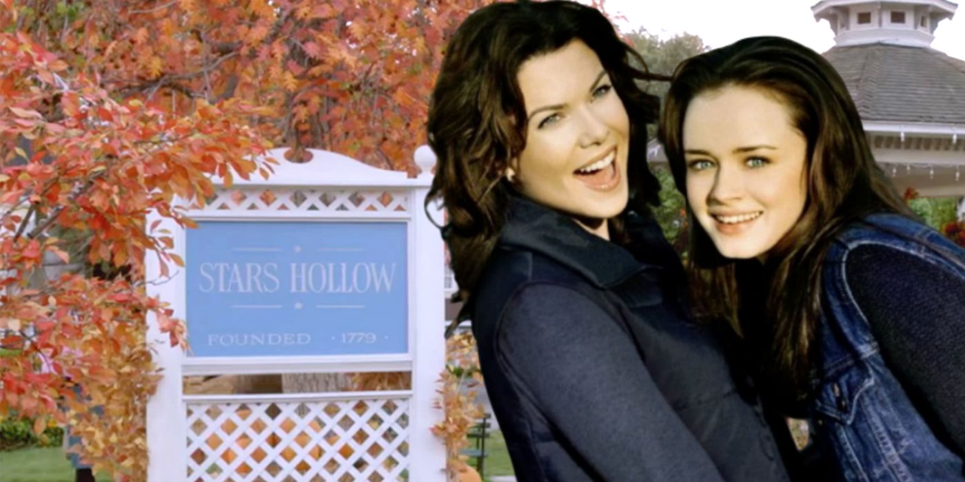 A collage of the Stars Hollow town sign and Lorelai and Rory smiling in Gilmore Girls
