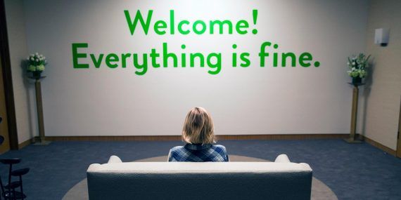 Eleanor looks at the Good Place Everything Is Fine sign
