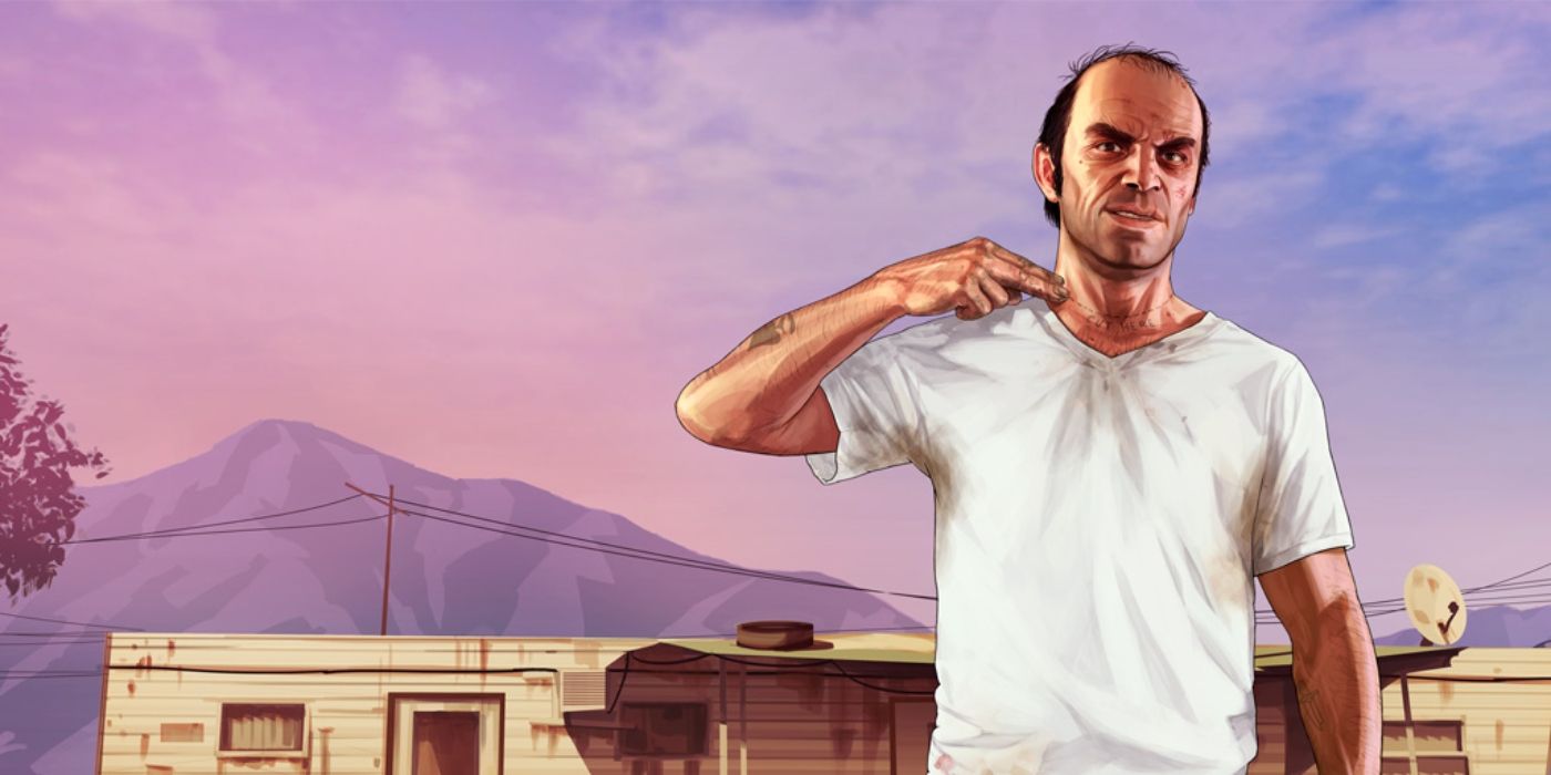 Official Artwork of Trevor in GTA 5 making a cutting motion towards his own throat.