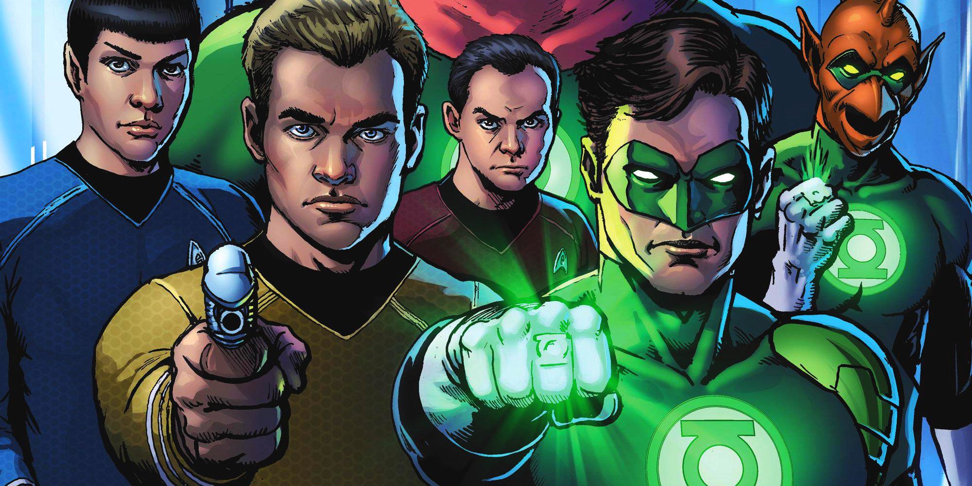 Green Lanterns pointing their rings and Star Trek characters pointing their guns