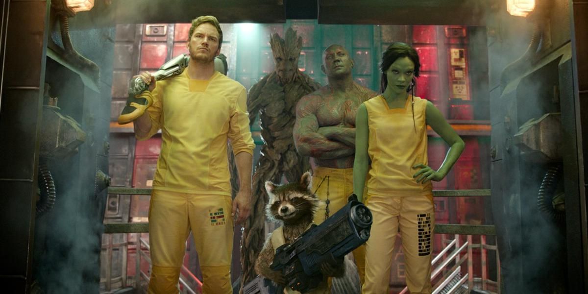 The Guadians in their yellow prison outfits in Guardians of the Galaxy