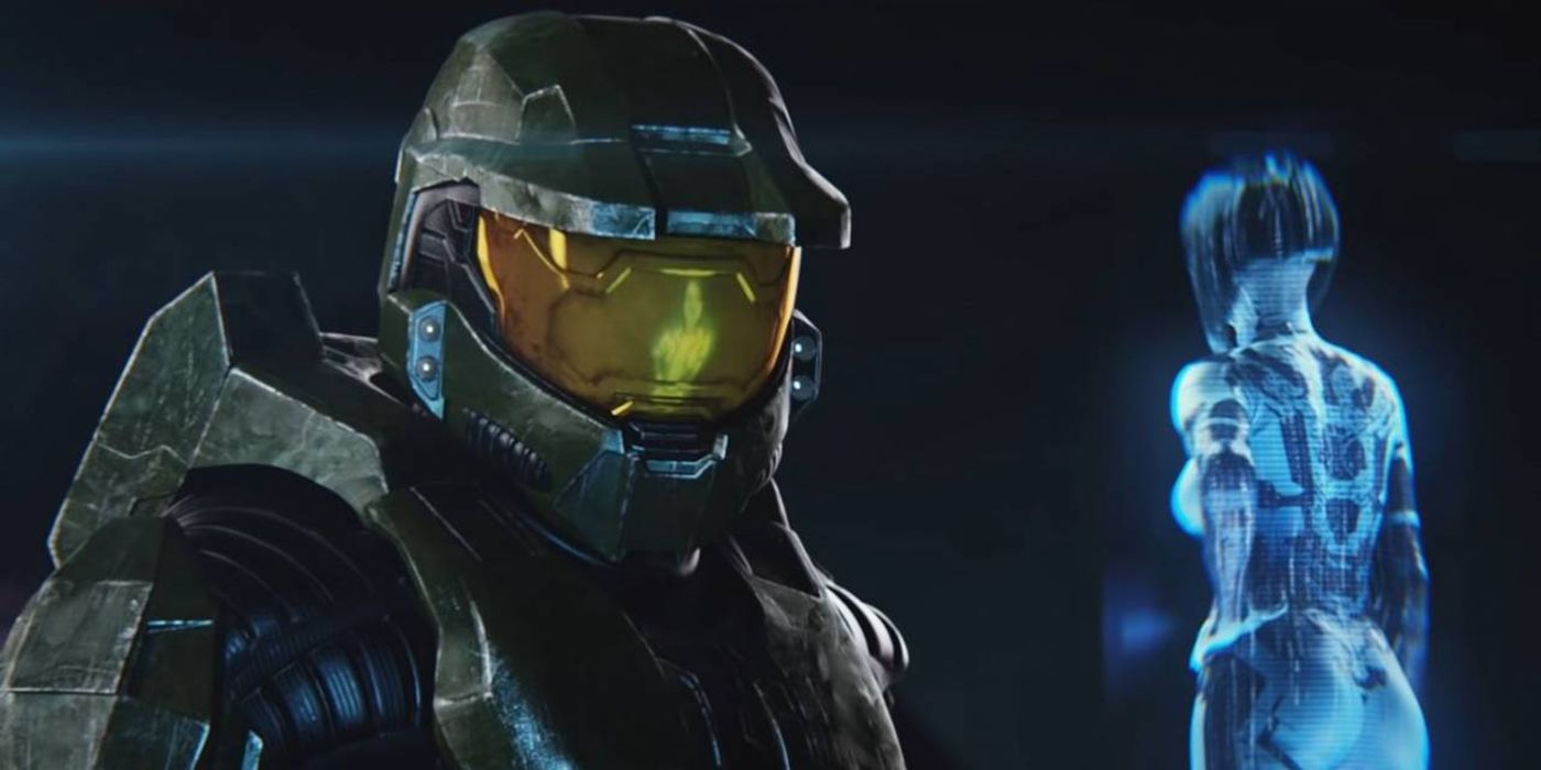 Chief stands in front of Cortana in Halo 2.