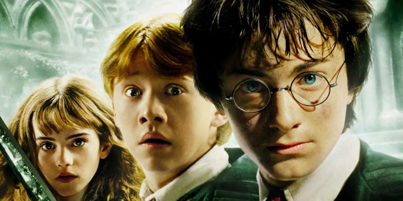 Hermione, Harry Potter, and Ron in a promo shot for Chamber of Secrets