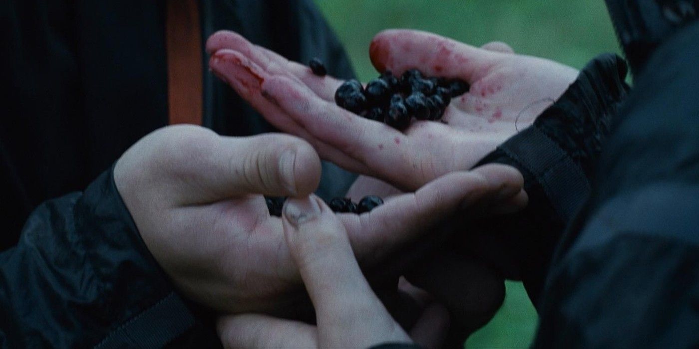 Katniss and Peeta holding the nightlock berries in The Hunger Games 