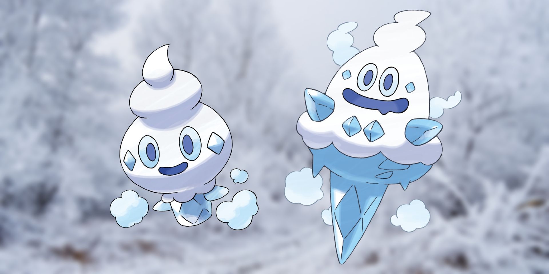 Pokémon Vanillite and Vanillish in front of a blurred icy forest.